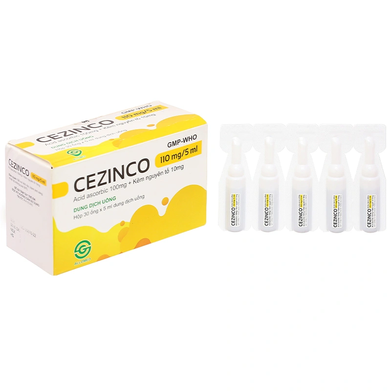 Dung dịch uống Cezinco 110mg/5ml Allomed phòng ngừa và điều trị thiếu vitamin C, thiếu kẽm hộp 30 ống - 